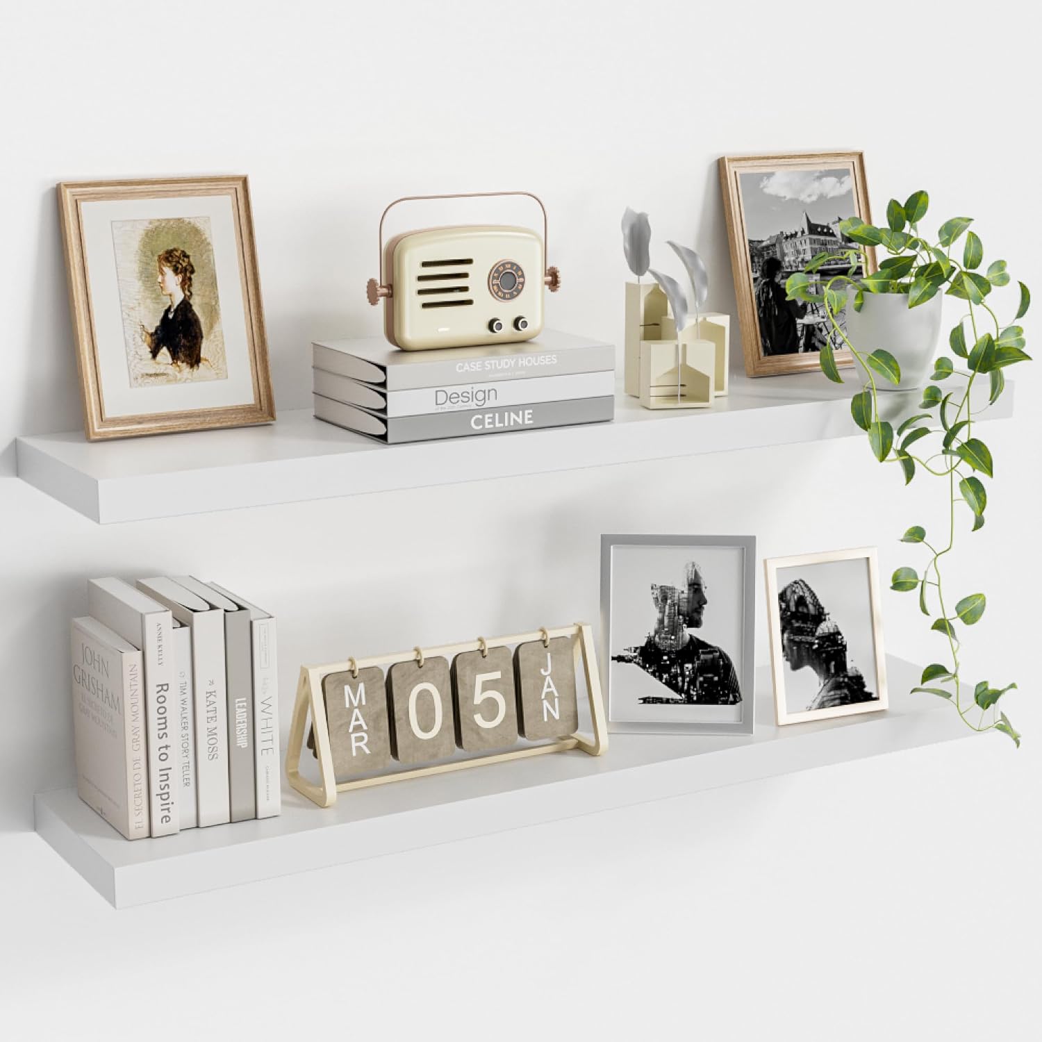 Vivelove Wooden Floating Shelves for Wall 36” x 8”x 1.4”, Solid Wood Shelf with Invisible Brackets, Deep Wall Shelves for Bathroom, LivingRoom, Kitchen, Bedroom, Modern Home Decor, Set of 2 - White