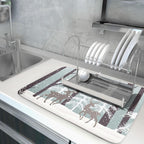 Winter Wildlife Deer Dish Drying Mat for Kitchen Counter,Xmas Landscape Snow Tree Ivory Drying Mat 18 x 24 Inch with High Absorbent Microfiber Drainer Mat for Coffee Bar
