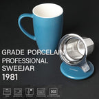 Sweejar Porcelain Tea Infuser Mug with Lid, 16 oz Teacup with Strainers for Loose Leaf Tea, Microwave and Dishwasher Safe Coffee Mug(Fog blue)