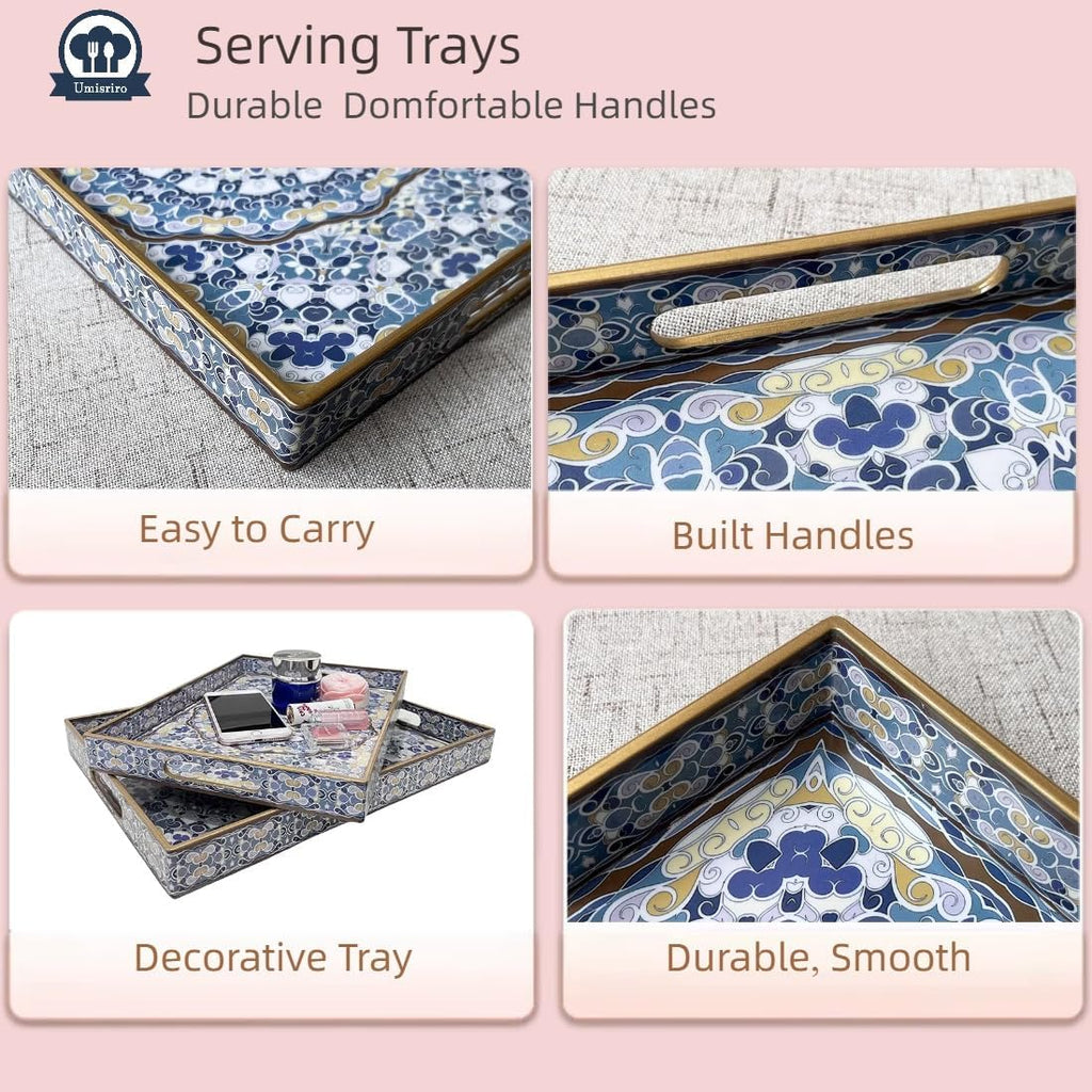 Boho Decorative Tray, Modern Blue Serving Tray with Handles, Ottoman Trays Set of 2, Plastic Coffee Table Tray for Living Room, Bathroom, Kitchen, Decor, Large 15.7”*11.8”, Small 13.7"*9.8"