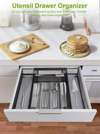 Silverware Organizer Metal Mesh, Drawer Organizer, Utensil Cutlery Tray for kitchen drawers,Expandable Flatware Organizer with 7 Compartment Black 9.4"~17.3" x 13.7"