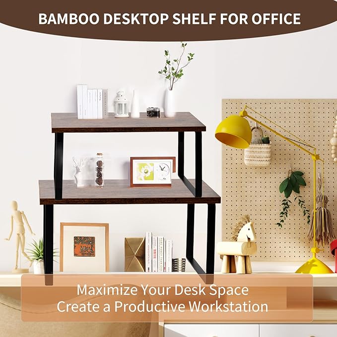 Cabinet Organizer Shelf, Set of 2 Expandable Kitchen Countertop Shelves with Spice Rack - Stackable Storage in Metal and Wood15.7 inches (Brown)