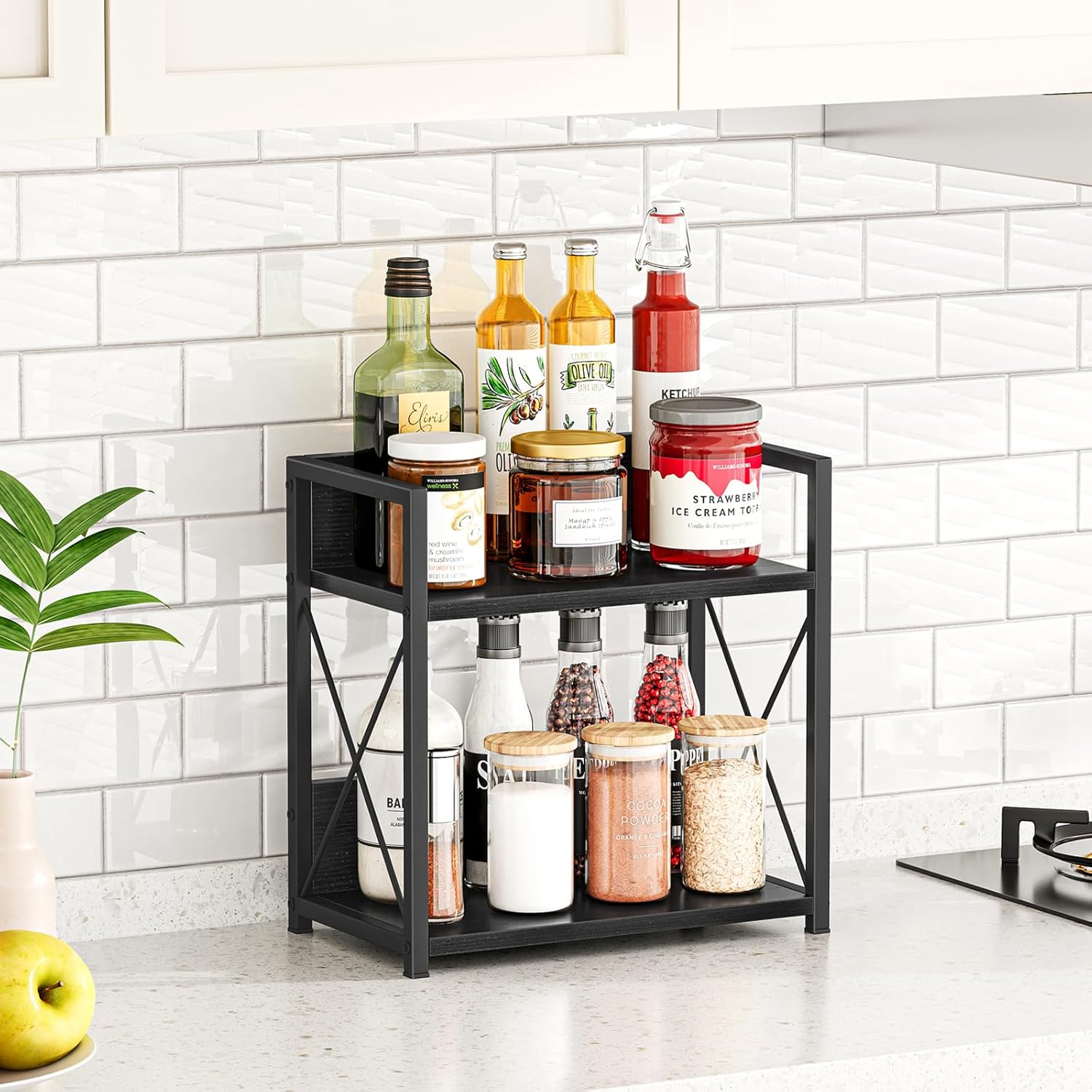 Giikin Countertop Organizer, 2 Tier Coffee Station Organizer for Desktop, Wood Counter Shelf Spice Rack for Kitchen (Black, M)