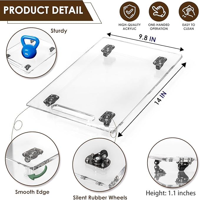 360° Sliding Tray for Coffee Maker & Kitchen Appliances - Silent Rubber Wheels, Clear Acrylic Organizer Tray for Under Cabinet - Space Saving Countertop Accessory, 9.8x14 Inch (Clear)