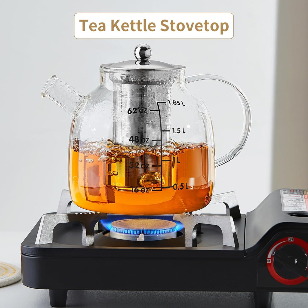68OZ Glass Teapot Tea Pot With Infuser, Glass Kettle For Stove Top, Tea Glass Pot, 2000ML Glass Tea Cup With Infuser And Lid For Loose Leaf Tea Steeper, Dishwasher Safe