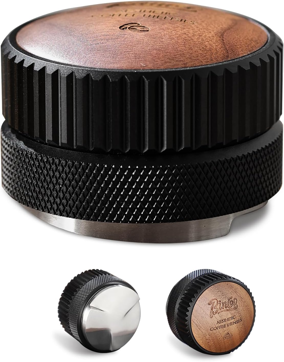 Bincoo 58mm Espresso Distributor Hand Tamper - Adjustable Coffee Leveler Tool for 58mm Portafilter, Walnut Wood Lid, 3-Slope Base Adjustable Depth Espresso Distributor for Barista(58MM Black)