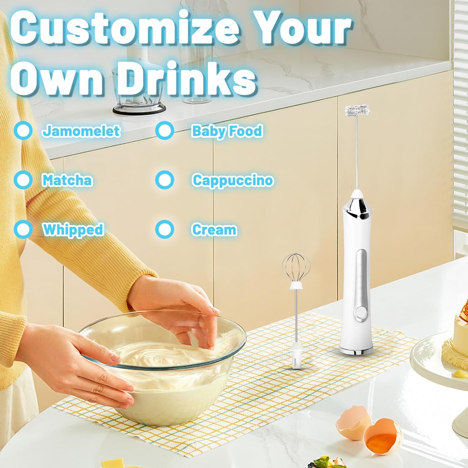 Tonjin Milk Frother with USB-C Rechargeable Wand & 2 Stainless Whisks, Upgraded 3 Speeds Electric Drink Mixer for Coffee, Egg, Matcha