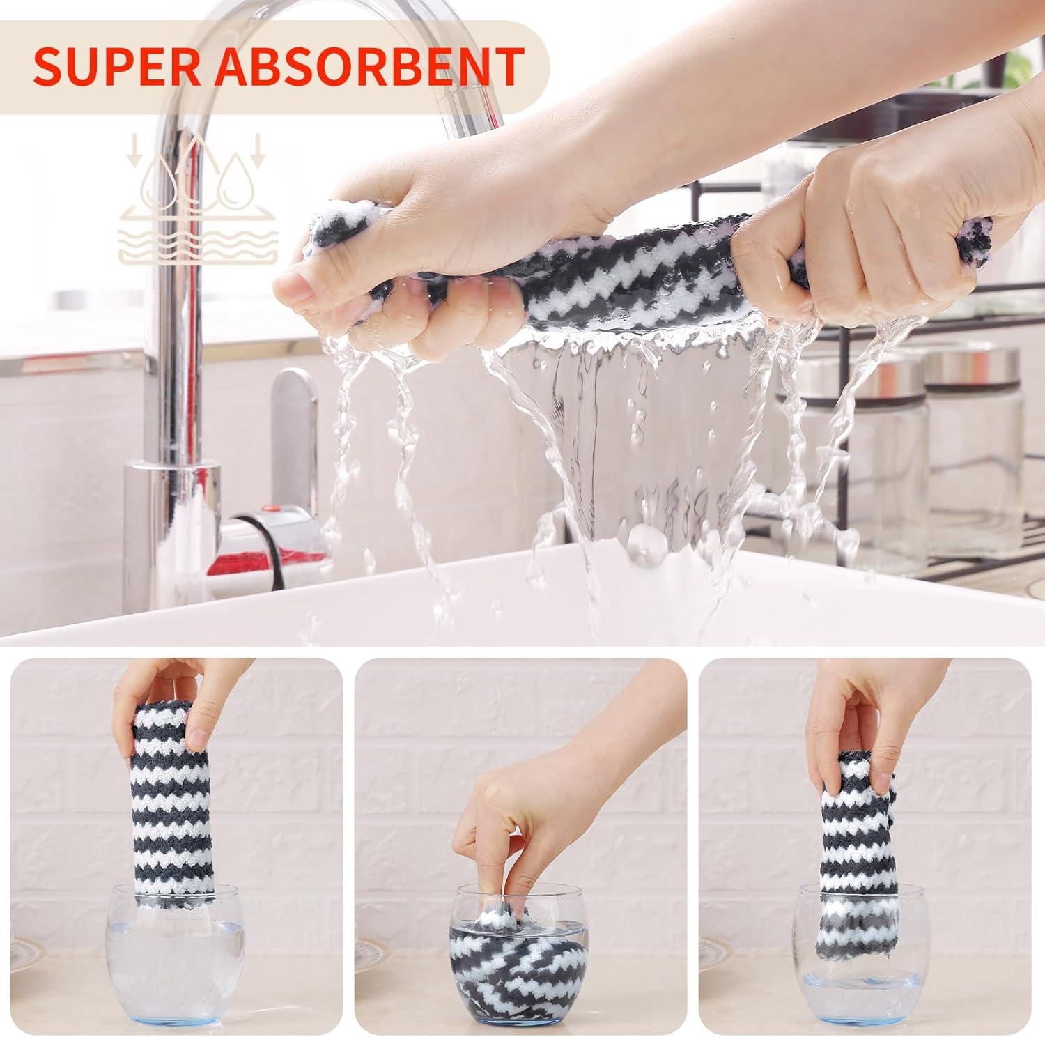 Homaxy Kitchen Towels(12 Pack, 10 x 20 inches), Ultra Soft and Absorbent Dish Towels, Reusable Fast Drying Microfiber Cleaning Cloth, Coral Velvet Wave Design No-lint, Dark Grey