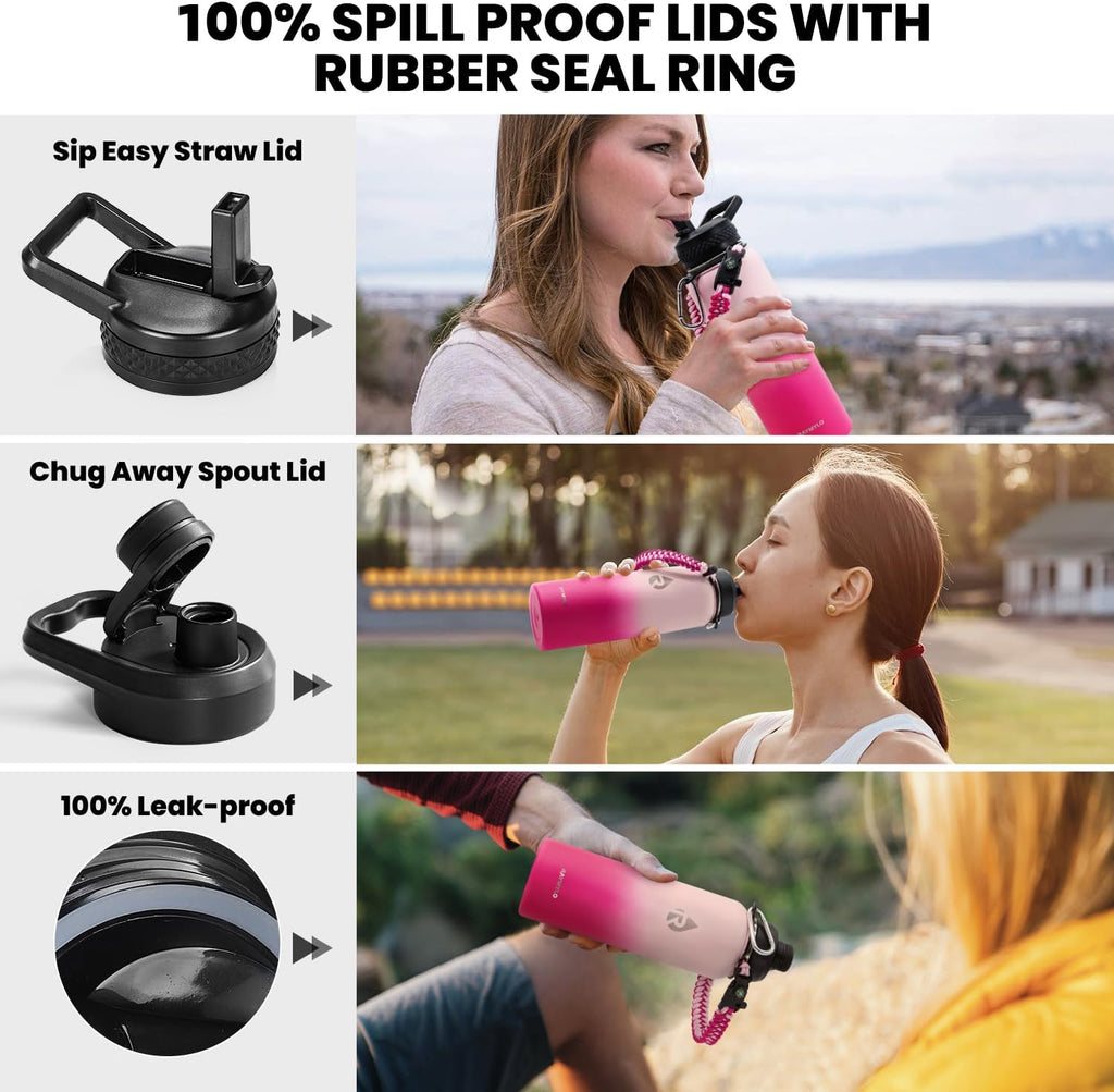 Insulated Water Bottle 40 oz, Triple Wall Vacuum Stainless Steel (Cold for 48 Hrs), Leak Proof & Non-BPA, Modern Water Flask Jug with Paracord Handle & Straw Spout Lids, Ombre Pink