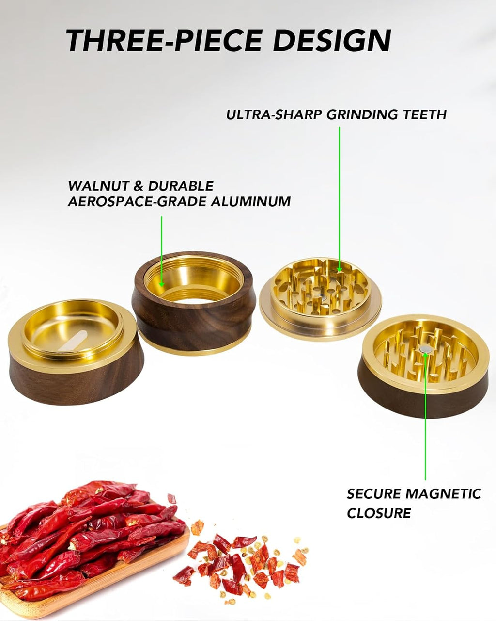 KINGTOP Grinder, Large 2.6" Walnut Wood & Aluminum Manual Grinder