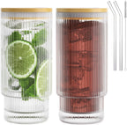 16OZ Ribbed Glass Cups with Lids and Straws,Iced Coffee Cups with Bamboo Lid,Vintage Glassware for Whiskey Cocktail Beer Fruit Juice Glasses Tumbler(2 Pack)