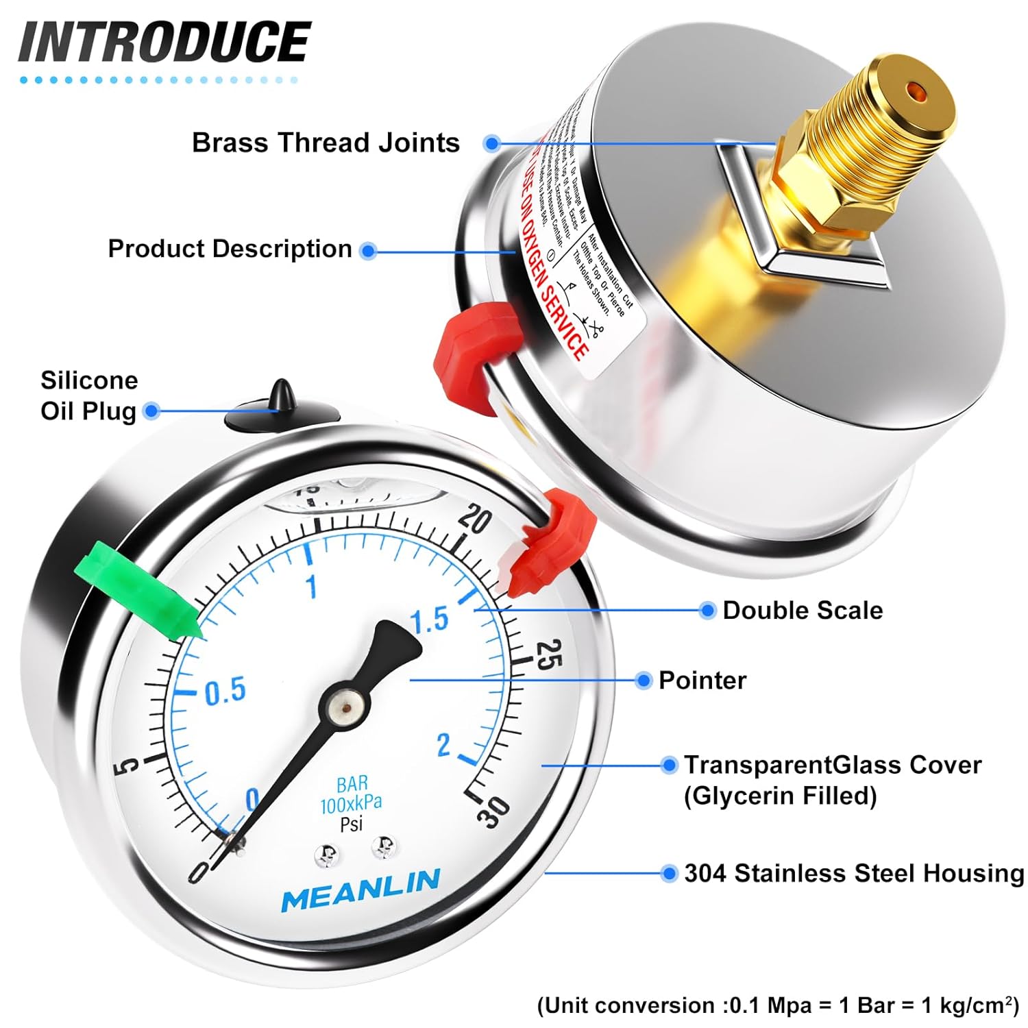 MEANLIN MEASURE 0~30Psi Liquid Filled Pressure Gauge 1/4" NPT 2.5" FACE DIAL Stainless Steel Glycerin Filled WOG Water Oil Air Back Mount (with 2PCS Snaps)