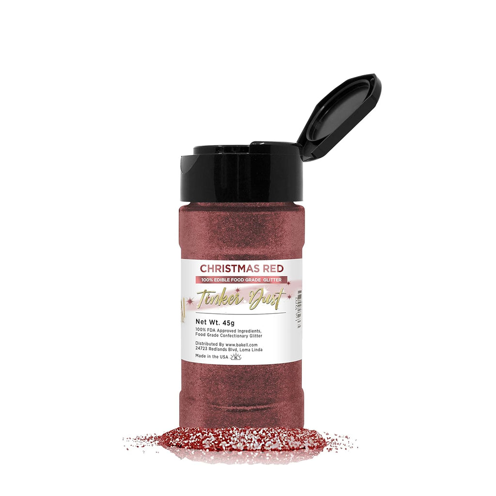 BAKELL Christmas Red Edible Glitter, 45 Grams | TINKER DUST Edible Glitter | KOSHER Certified | 100% Edible Glitter | Cakes, Cupcakes, Cake Pops, Drinks, Dessert Vegan Glitter & Dusts (45g Shaker, Christmas Red)