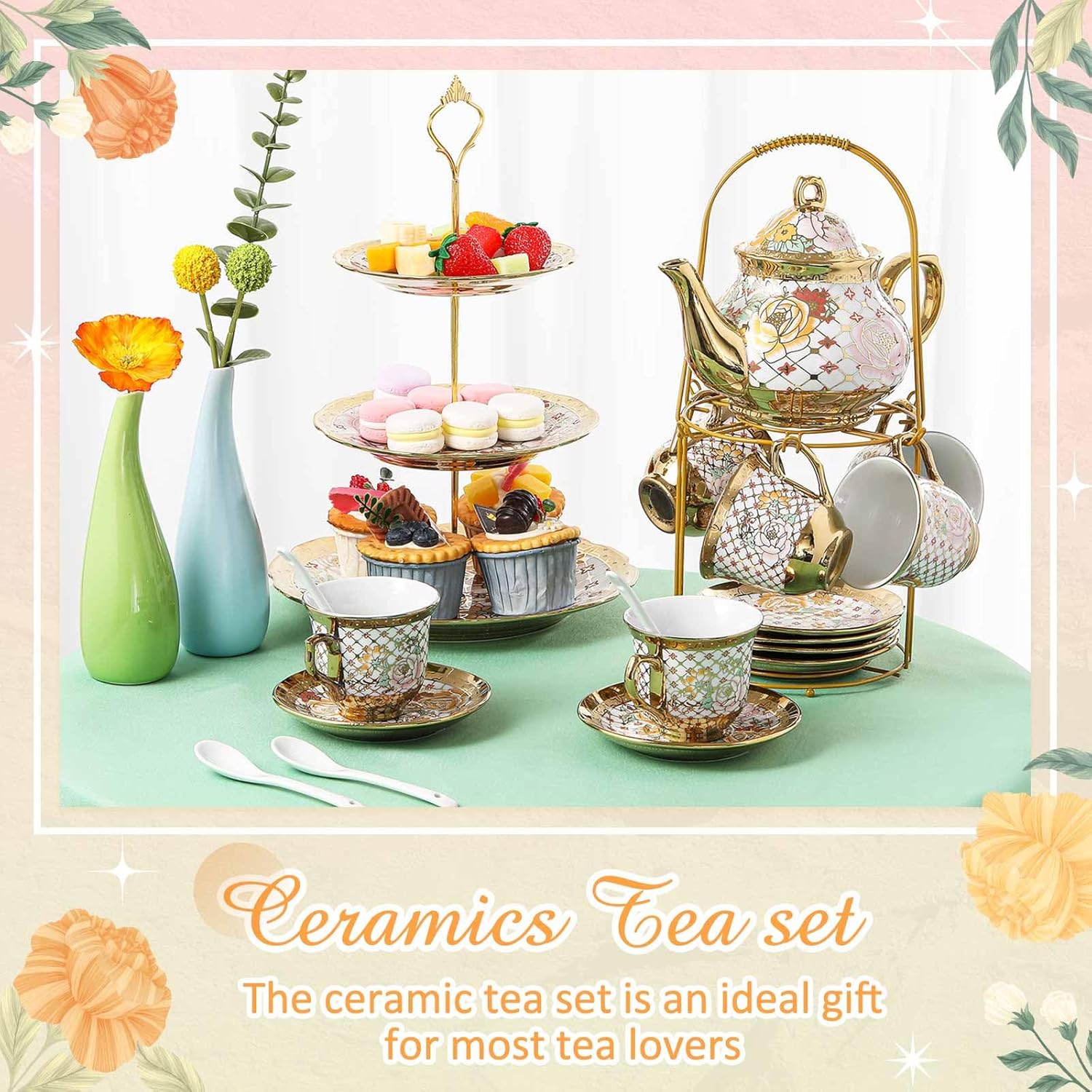 Maxcheck 21 Pcs Tea Party Set for Adults European Floral Tea Set with Metal Holder and 3 Tier Ceramic Cake Stand Porcelain Flower Cup Teapot for Dessert Cupcake(Stylish Style)