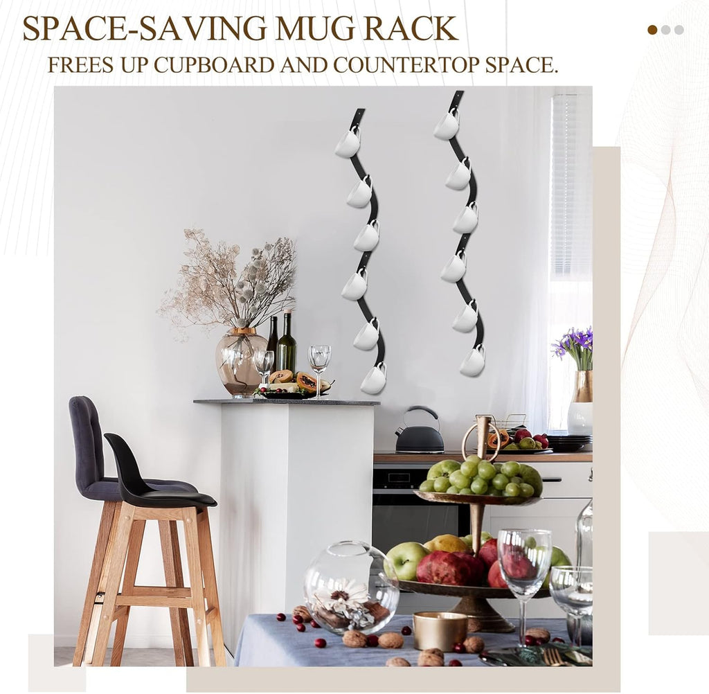 Sosation 4 Pack Coffee Mug Wall Rack Mounted with 12 Hooks S Curve Metal Coffee Cup Rack Wall Hanging Holder for Bar Kitchen Corner Station Decor Display