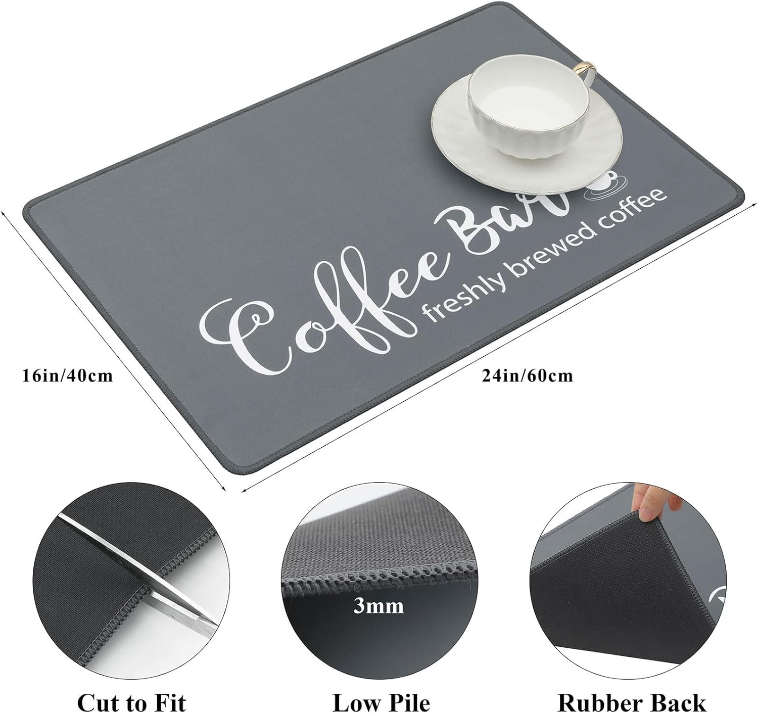 SHACOS Large Coffee Mats 2-Pack 16x24 Inch Absorbent Non Slip Under Coffee Maker Mats for Countertop Bar Accessories Heat Resistant, Gray