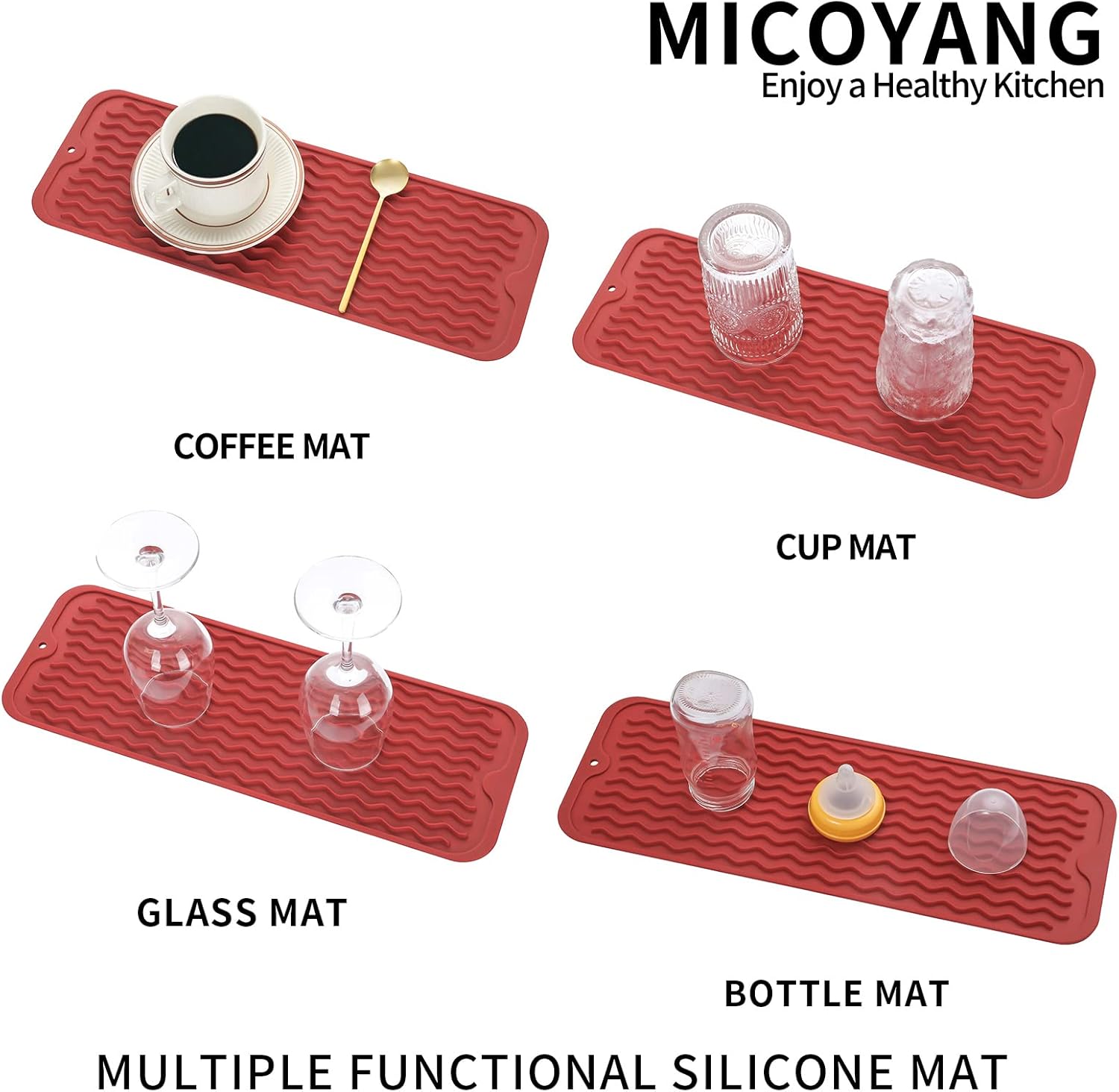 Silicone Dish Drying Mat for Multiple Usage,Easy clean,Eco-friendly,Heat-resistant Silicone Mat for Kitchen Counter,Sink,Bar,Bottle,or Cup Red M 17 inches x 6 inches