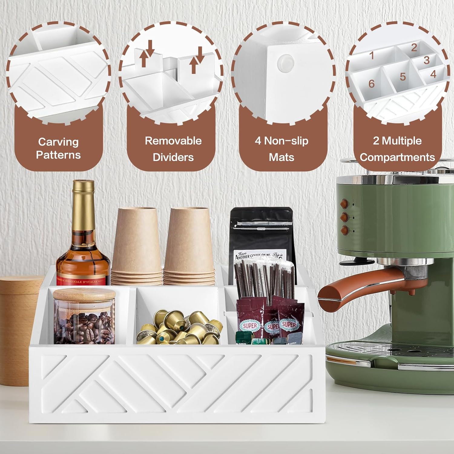 Wood Coffee Station Accessories - Coffee Bar Decor Organizer, Pod Syrup Holder, Condiment Organizer for Countertop (White)