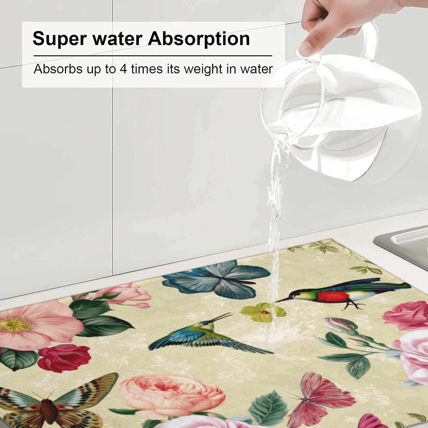 Large Dish Drying Mats For Kitchen Counter Microfiber Kitchen Drying Mat XL Draining Pad Absorbent Quick Drying Dish Mat 18x24 Inch - Birds Floral