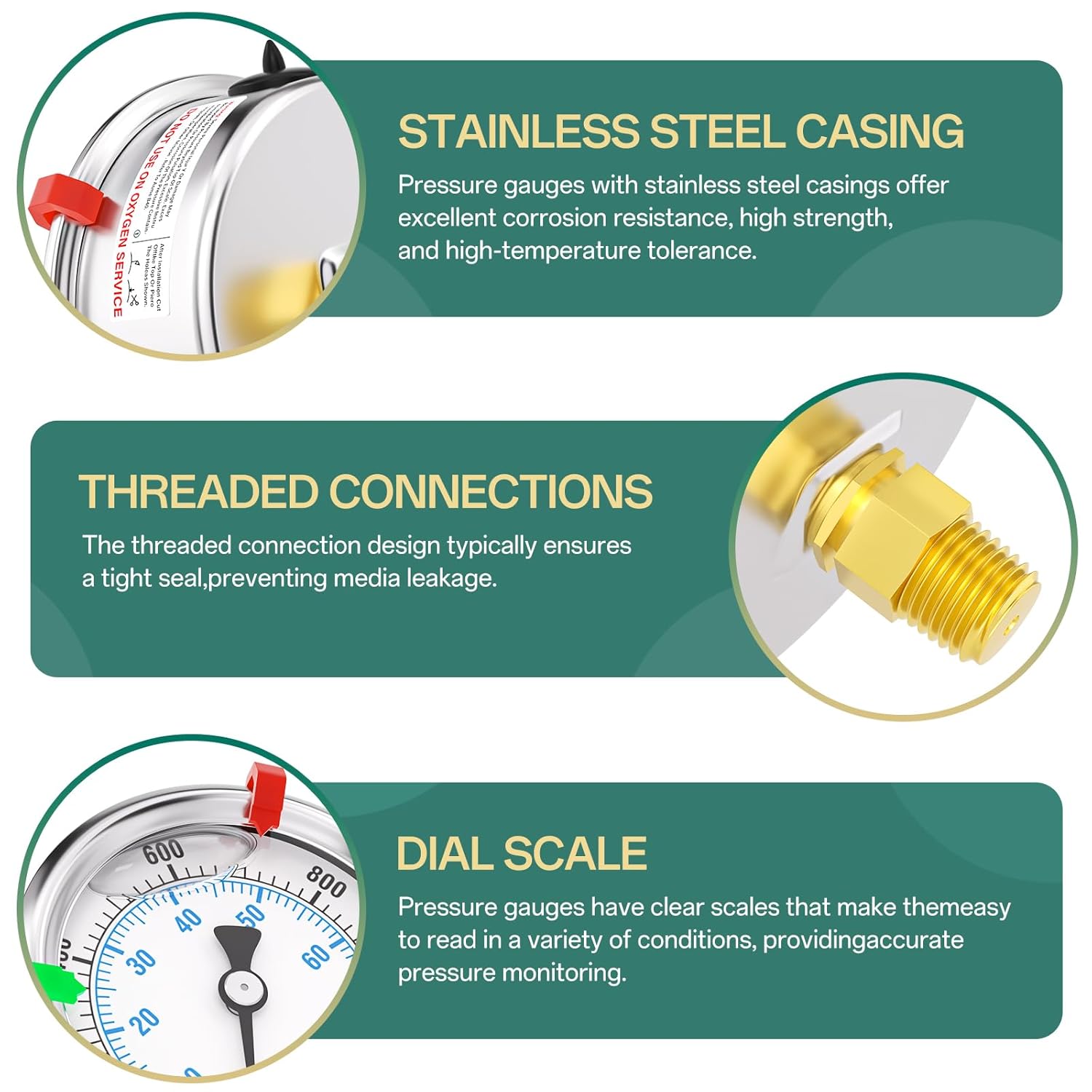 0-1000PSI Stainless Steel Liquid Filled Pressure Gauge, 2.5" Dial Size, 1/4" NPT Back Mount, for Tube, Water Pump, Gas, Liquid, Pressure Test (with Range Mark Pointer)