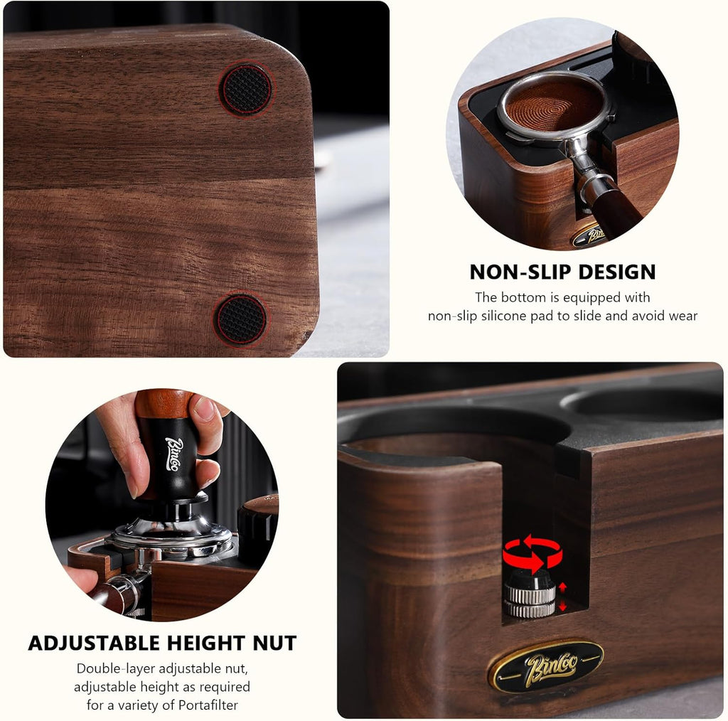 Bincoo Espresso Tamper Station - Walnut Wood Espresso Organizer for Storage 51-58mm Tamper,Distributor,Portafilter,Puck Screen,Coffee Station Holder for Coffee Bar, Adjustable Height