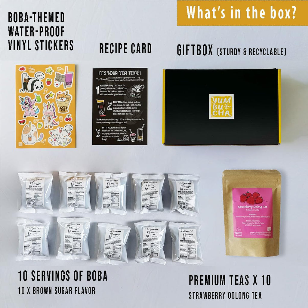 YUMBUCHA Boba Kit Set - DIY Boba Tea Making Kit with Strawberry Oolong & Tapioca Pearls - Create 10 Delightful Drinks - Exquisite Loose Leaf Teabags Included - Boba Tea Gift Set for Tea Lovers