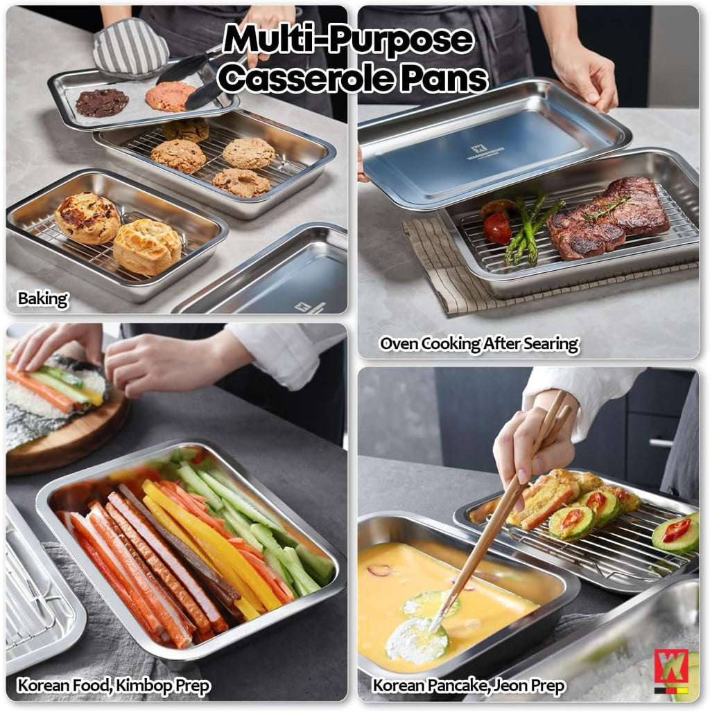 Stainless Steel Food Prep Container with Rack & Lid (Tray), 4.54Quarts, Catering Pans, Restaurant Pans, Buffet Party pan, Roasting Pan with Rack, Bakeware Roaster, Casserole (1307 / No7)