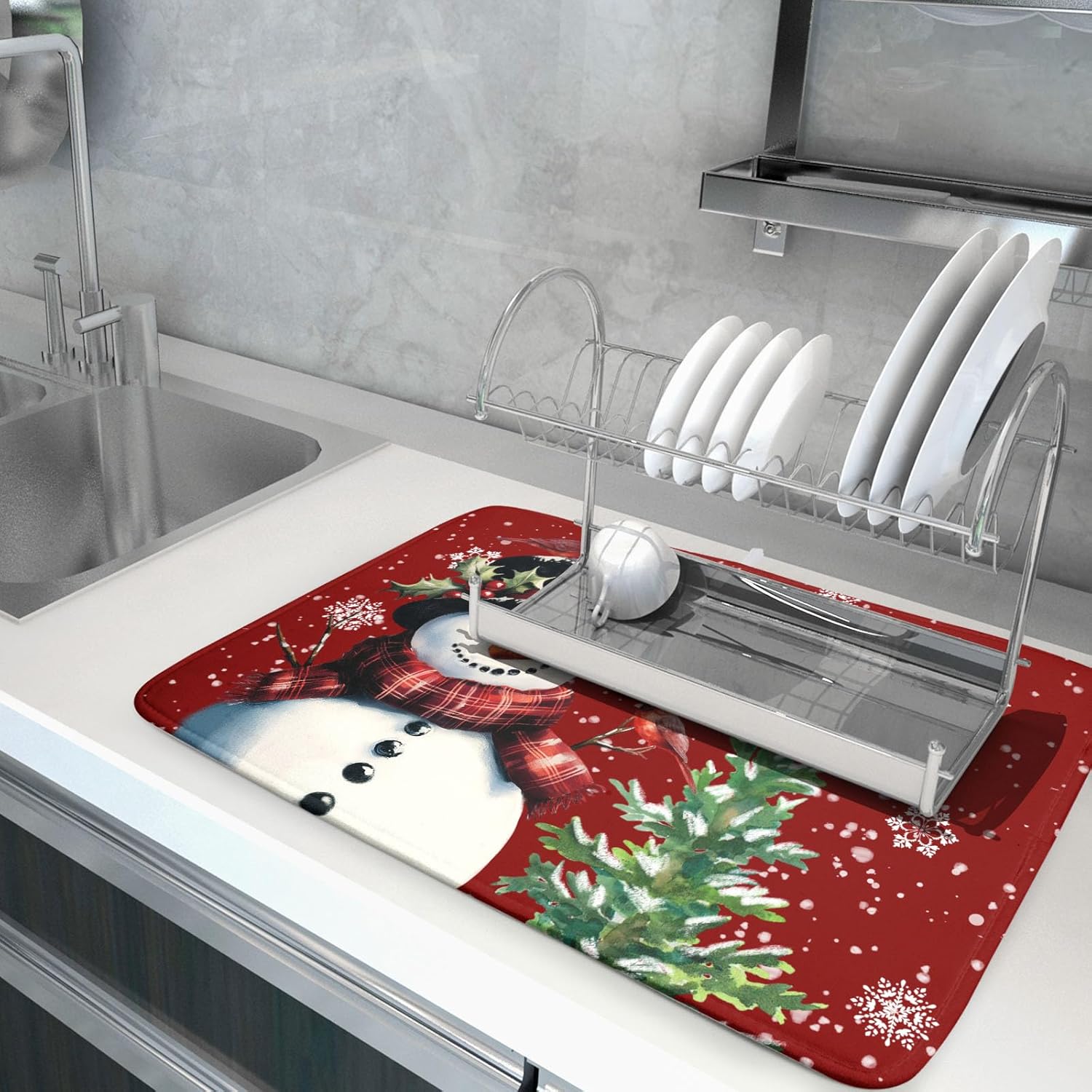 Let It Snow Winter Snowflake Red Dish Drying Mat for Kitchen Counter,Xmas Trees Snowman Cardinal Bird Drying Mat 18 x 24 Inch with High Absorbent Microfiber Drainer Mat for Coffee Bar