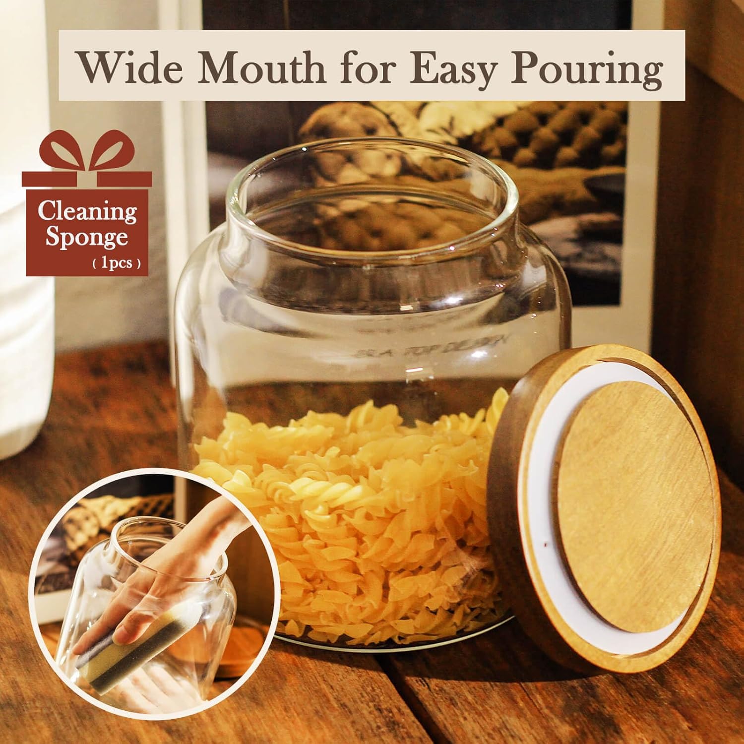 Labina Glass Storage Container Airtight Food Jars Kitchen Canister with Wood Lids, 54 Oz (1600ml) Wide Mouth Pantry Organization Glass Jar for Flour, Sugar, Cookie, Spagetti, Nuts and Candy