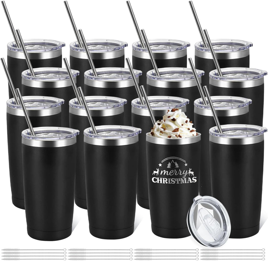 16 Pack Stainless Steel Tumbler Bulk Insulated Vacuum Travel Mug Powder Coated Coffee Mug Gift for Laser Engrave, 20oz Black
