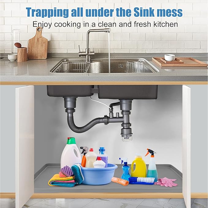 Under Sink Mat for Kitchen Waterproof, 28" x 19" Silicone Under Sink Liner Kitchen & Bathroom Cabinet Protector Mats, Heavy Duty Flexible Under Sink Drip Tray with Lip, Cool Grey