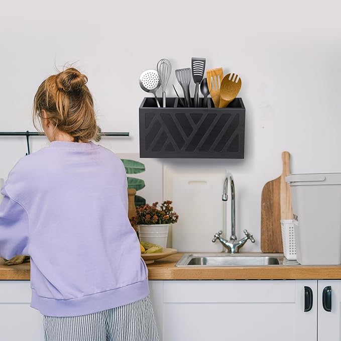 Utensil Holder Caddy with 3 Compartments, Wooden Flatware Cutlery Storage Organizer Box Countertop for Silverware Fork Spoon Spatula