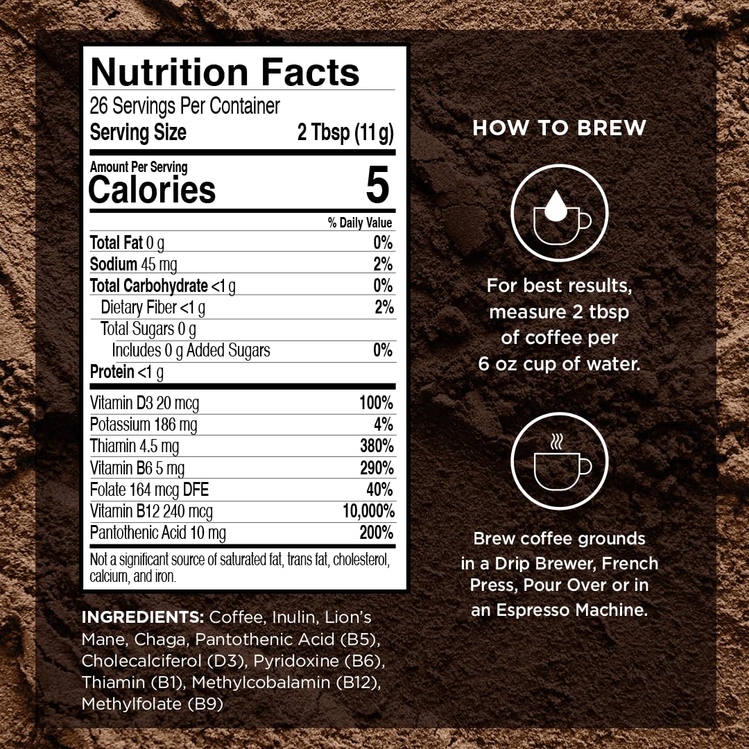 VitaCup Focus Mushroom Coffee Grounds, Vanilla Flavored Coffee with Lions Mane, Chaga, B Vitamins, D3, Boost Focus, Immunity, Memory & Clarity, Medium Dark Roast, 100% Arabica Specialty, 10oz