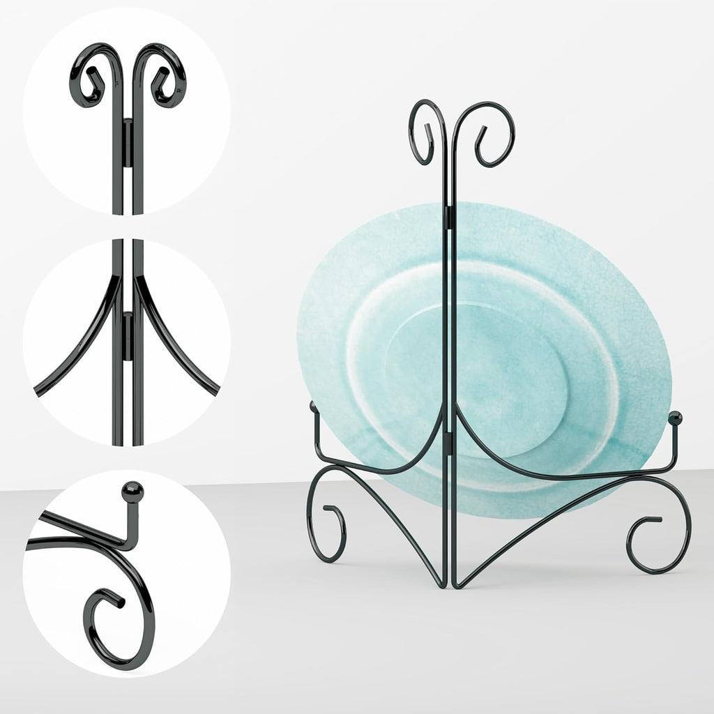 10 Inch Display Plate Holder with Folding Design, Metal Table Stand for Home Decoration, Picture Easel, Photo Frame Stand - Black