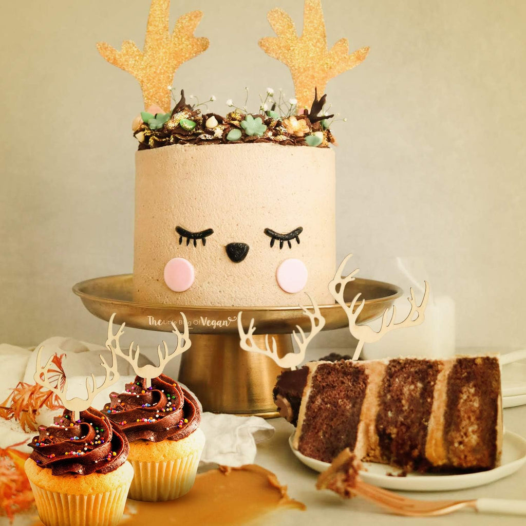Deer Cupcake Toppers Wooden Baby Shower Woodland Antler Cake Picks Party Decorations Wedding Hunting Boho Rustic Country Birthday Party Supplies Set of 24