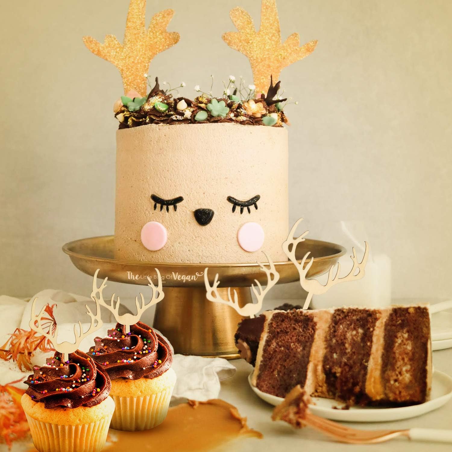 Deer Cupcake Toppers Wooden Baby Shower Woodland Antler Cake Picks Party Decorations Wedding Hunting Boho Rustic Country Birthday Party Supplies Set of 24