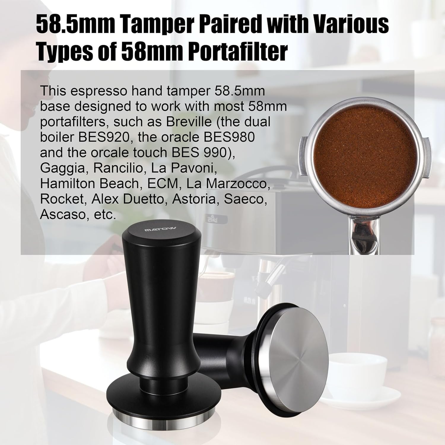 58.5mm Espresso Hand Tamper, Dual Calibrated Spring Loaded Coffee Tamper with Stainless Steel Flat Base, Pro-barista 30lbs Espresso Tamper with Anodized Aluminum Handle Fits 58mm Portafilter