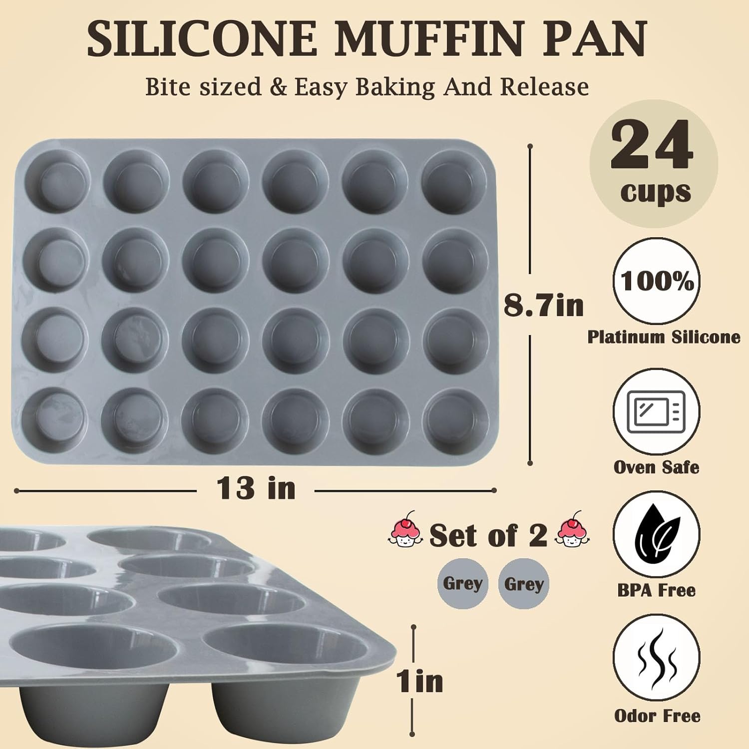 24 Cups Silicone Mini Muffin Pan Set, Nonstick Mini Cupcake Pans, BPA Free Small Muffin Tin for Baking, Set of 2 (Grey+Grey)