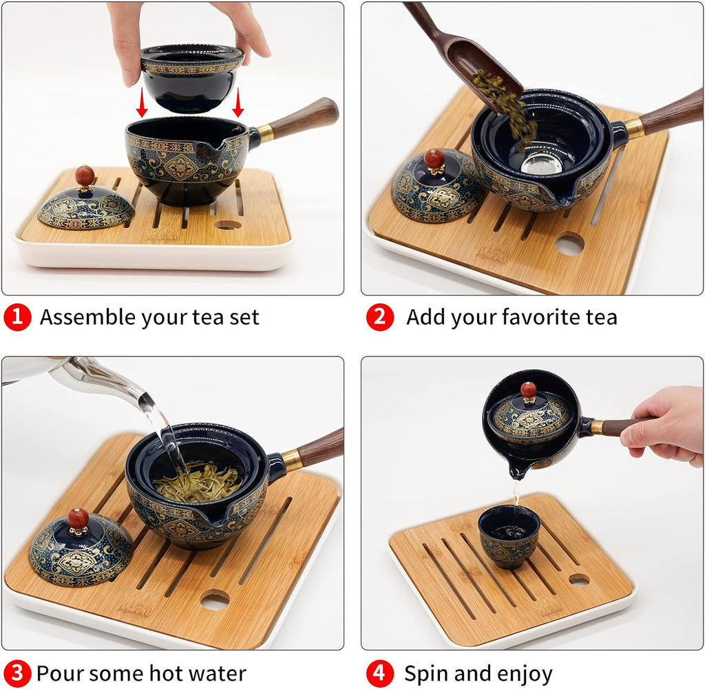 LURRIER Porcelain Chinese Gongfu Tea Set,Portable Teapot Set with 360 Rotation Tea maker and Infuser,Portable All in One Gift Bag for Travel,Home,Gifting,Outdoor and Office(Blue)