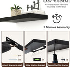 Floating Shelves - 2 Large Wall Mounted Shelves with Invisible Brackets, Long Wood Floating Wall Shelf for Living Room, Bedroom, Kitchen (Black, 24" W x 9" D x 1.5" H)