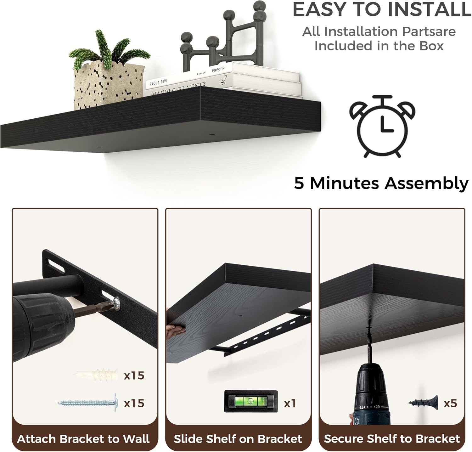 Floating Shelves - 2 Large Wall Mounted Shelves with Invisible Brackets, Long Wood Floating Wall Shelf for Living Room, Bedroom, Kitchen (Black, 24" W x 9" D x 1.5" H)