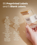 Glass Square Spice Jars with Labels, 4oz Glass Jars with Bamboo Lids, Spice Bottles, Seasoning Organizer, 12 Pack (White)