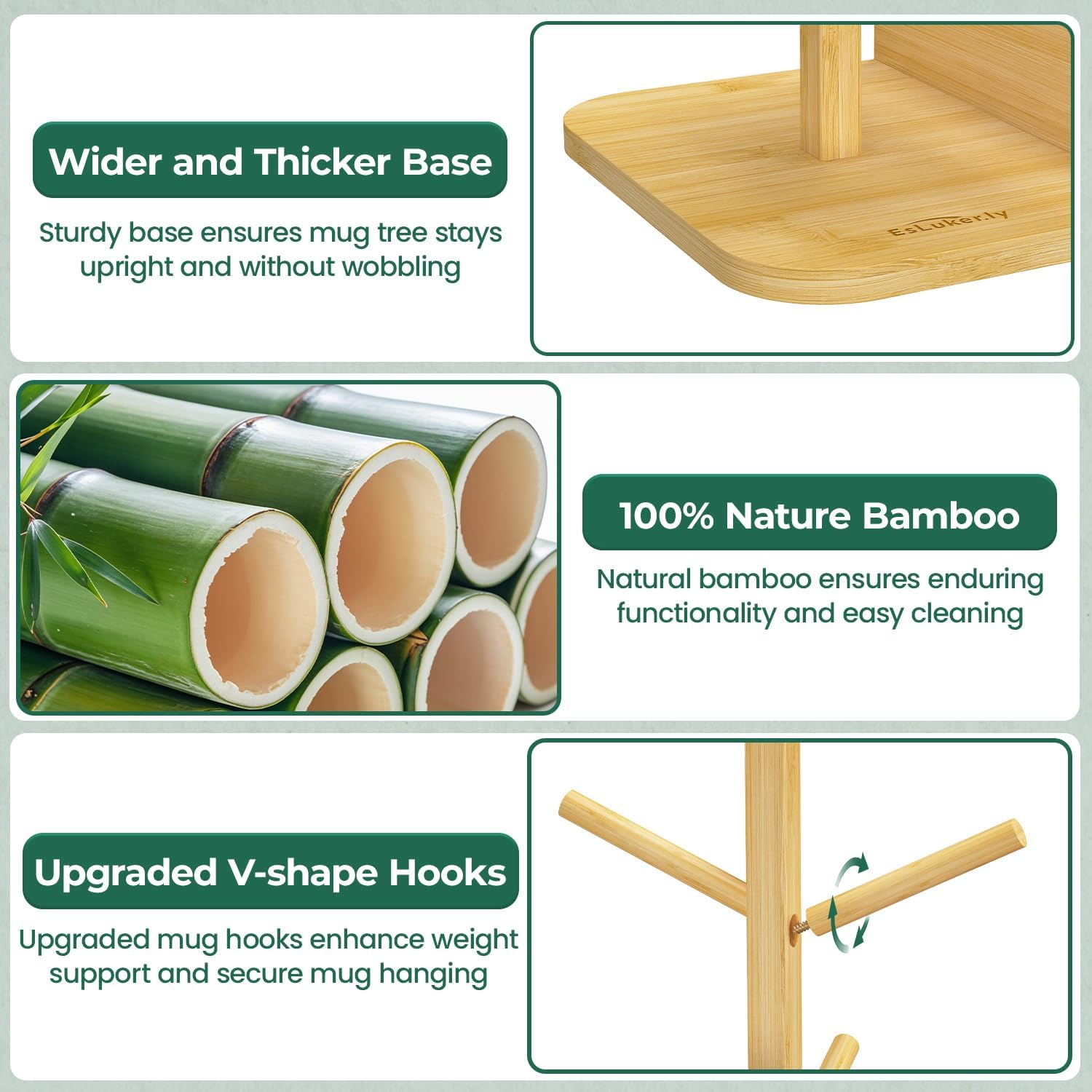 EsLuker.ly Mug Tree Holder Stand, Countertop Bamboo Coffee Cup Organizer Rack for Kitchen Office, Space-Saving Coffee Station Bar Organizer with 6 Hooks, Modern Design Enhances Decor