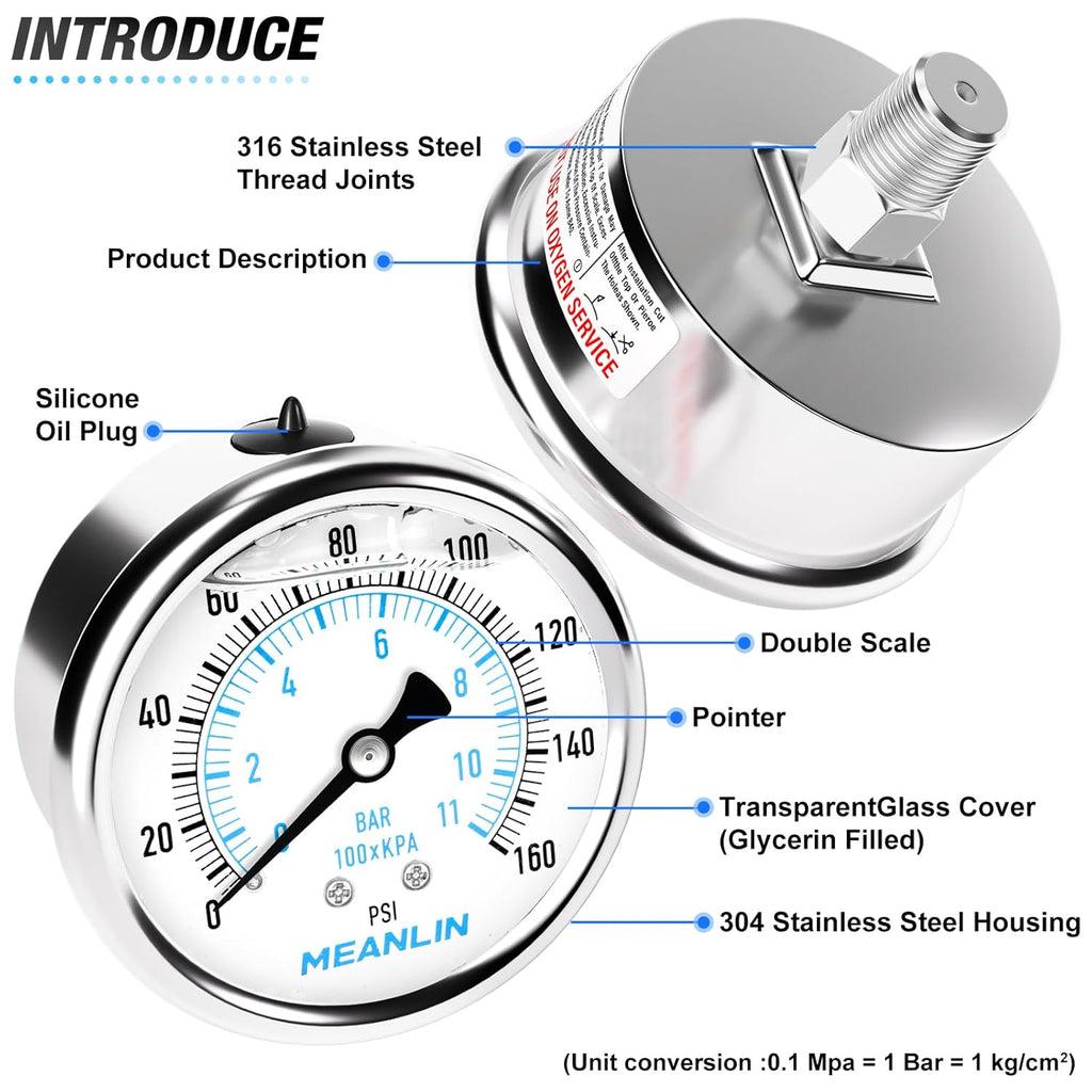 MEANLIN MEASURE 0~160Psi Liquid Filled Pressure Gauge Stainless Steel with 316 Stainless Steel Joint 1/4" NPT 2.5" FACE DIAL for Air Compressor RV Regulator Water Pressure Tester Center Back Mount