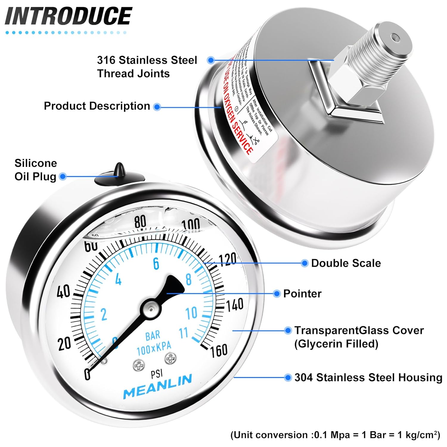 MEANLIN MEASURE 0~160Psi Liquid Filled Pressure Gauge Stainless Steel with 316 Stainless Steel Joint 1/4" NPT 2.5" FACE DIAL for Air Compressor RV Regulator Water Pressure Tester Center Back Mount