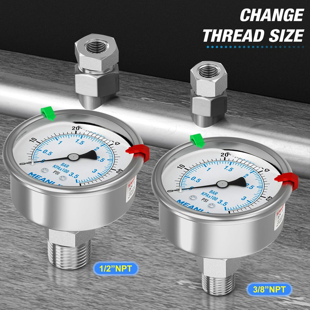MEANLIN MEASURE 0~50Psi Stainless Steel Liquid Filled Pressure Gauge 2.5" FACE DIAL 1/4" NPT for Pool Sand Filter Water Oil Air Pressure Test Back Mount with Stainless Steel Hex Bushing and Snaps