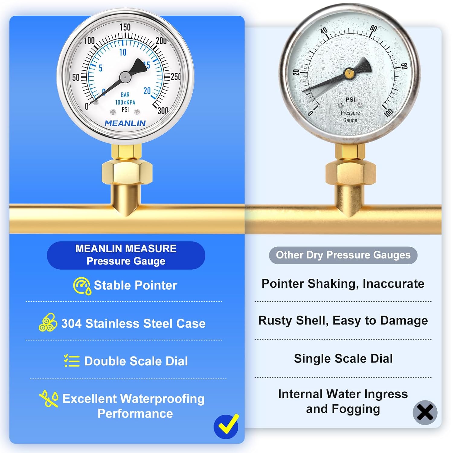 MEANLIN MEASURE 0~300Psi Dry Pressure Gauge Stainless Steel 1/8" NPT 2" FACE DIAL Waterproof for Air Compressor Air Regulator Water Filter Lower Mount, with 1/4" NPT and 3/8" NPT Hex Bushing