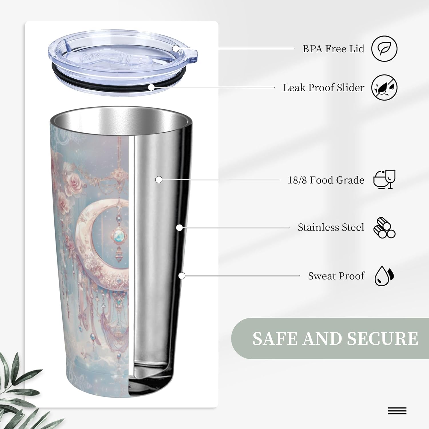 Moon Tumbler with Lid and Straw 20oz Coffee Tumblers Leakproof Stainless Steel Travel Mug Vacuum Insulated Cup for Iced and Hot
