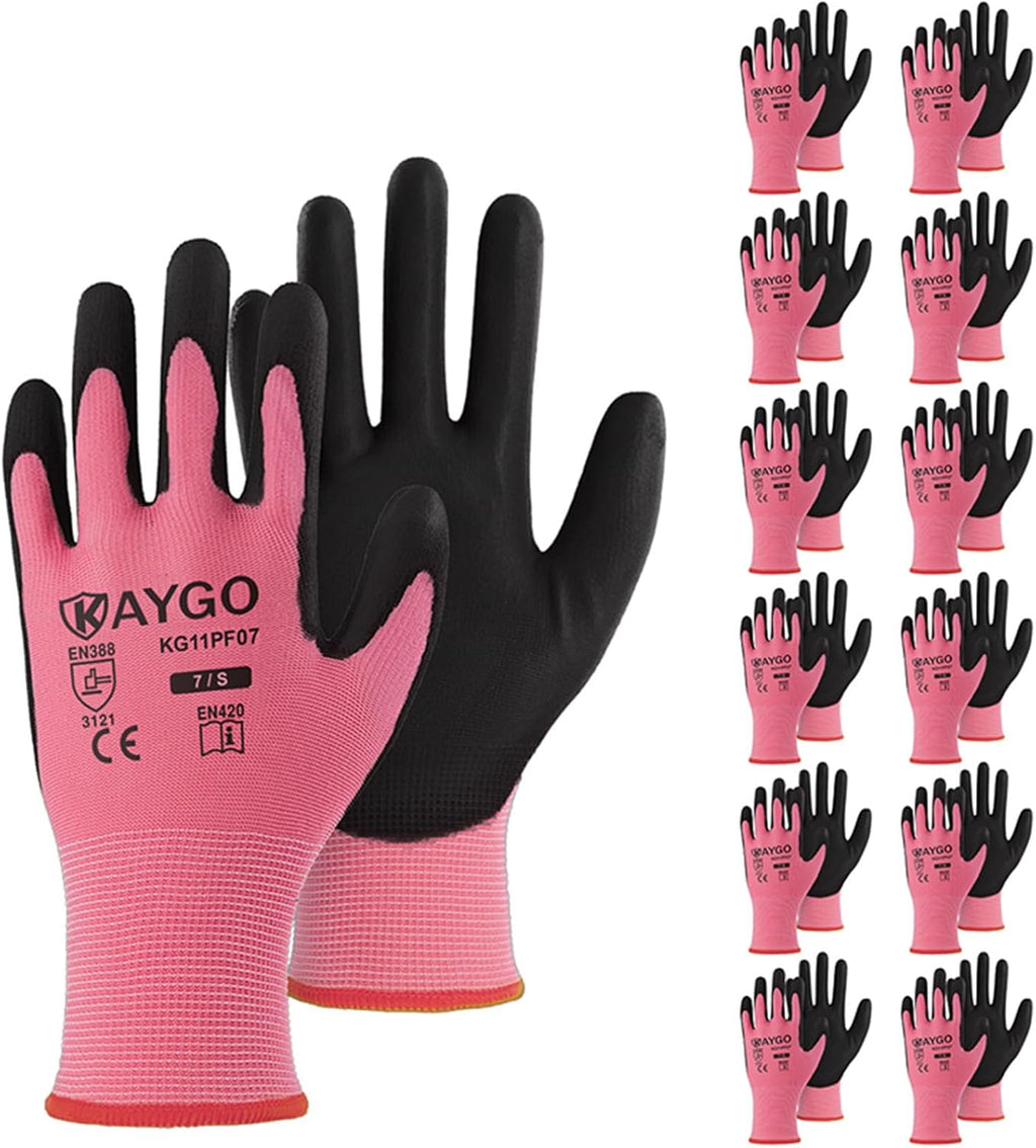 KAYGO Safety Work Gloves PU Coated, 12 Pairs KG11P Seamless Knit Glove with Polyurethane Coated Smooth Grip on Palm & Fingers, for Men and Women, Ideal for General Duty Work, Pink,Small