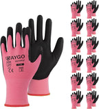 KAYGO Safety Work Gloves PU Coated, 12 Pairs KG11P Seamless Knit Glove with Polyurethane Coated Smooth Grip on Palm & Fingers, for Men and Women, Ideal for General Duty Work, Pink,Small